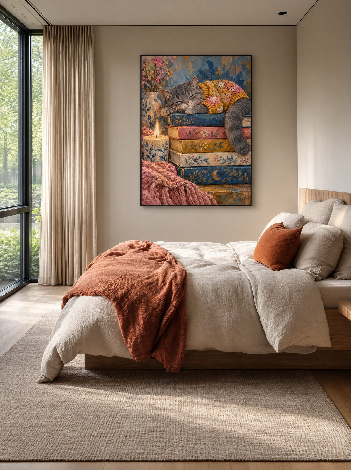 Schilderij van een slapende kat in een zwarte lijst, aan de muur in een gezellige woonkamer.