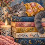 Slapende grijze kat in een geel gehaakt truitje op een stapel versierde boeken, naast een brandende kaars en een vaas met roze bloemen.