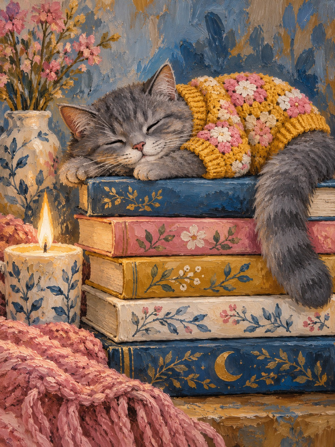 Slapende grijze kat in een geel gehaakt truitje op een stapel versierde boeken, naast een brandende kaars en een vaas met roze bloemen.