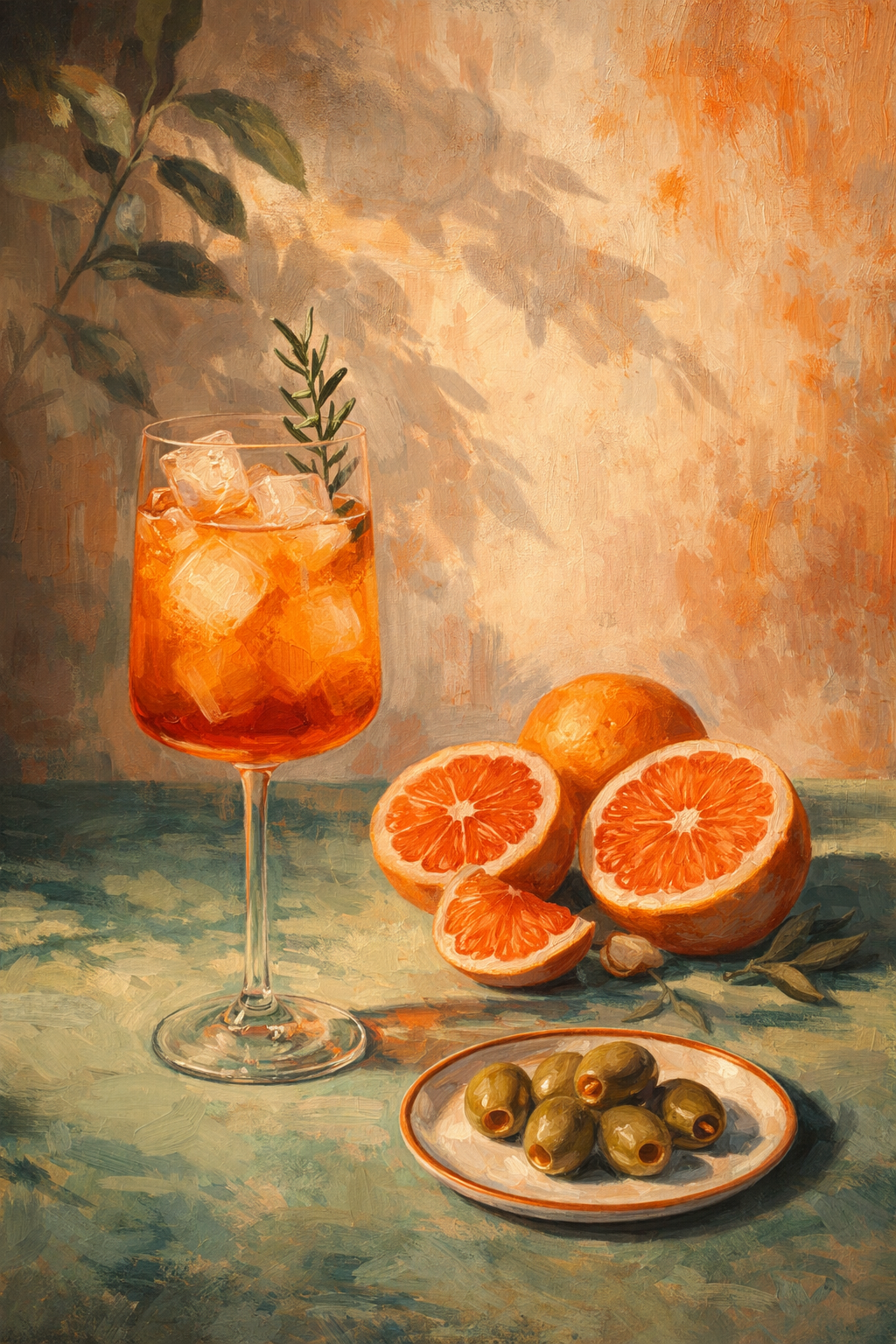 Citrus Spritz bij Zonsondergang wanddecoratie met citrusdrankje bij avondlicht