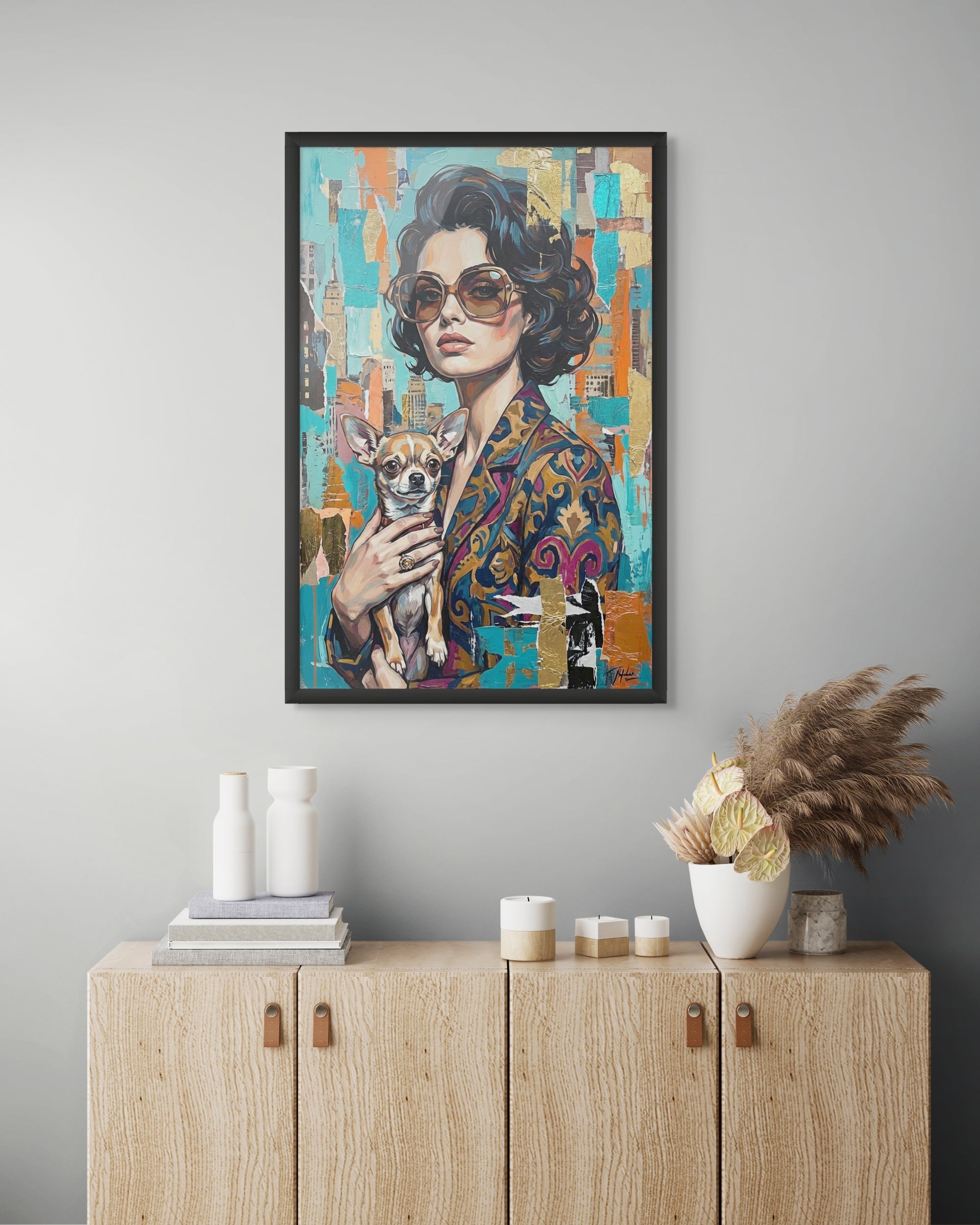 Chihuahua Wanddecoratie Stad – Stijlvolle Hond Canvas Woonkamer Print