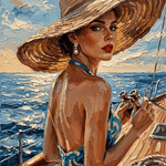 Coastal Muse – olieverfportret van een vrouw met gouden strohoed en verrekijker op een zeiljacht, wanddecoratie
