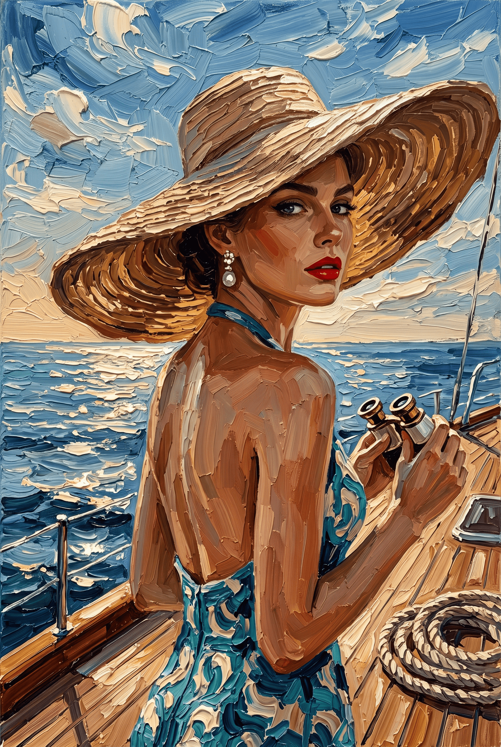 Coastal Muse – olieverfportret van een vrouw met gouden strohoed en verrekijker op een zeiljacht, wanddecoratie