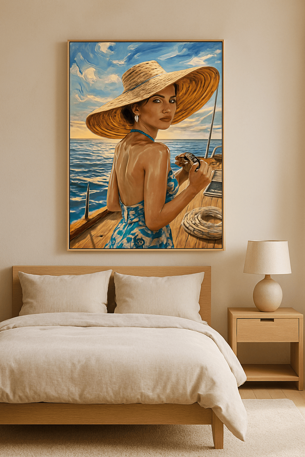 Coastal Muse boven het bed in een lichte slaapkamer | ArtifyCanvas