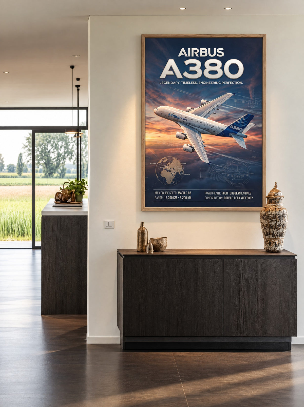 Airbus A380 met natuur houten lijst aan de muur in de werkkamer