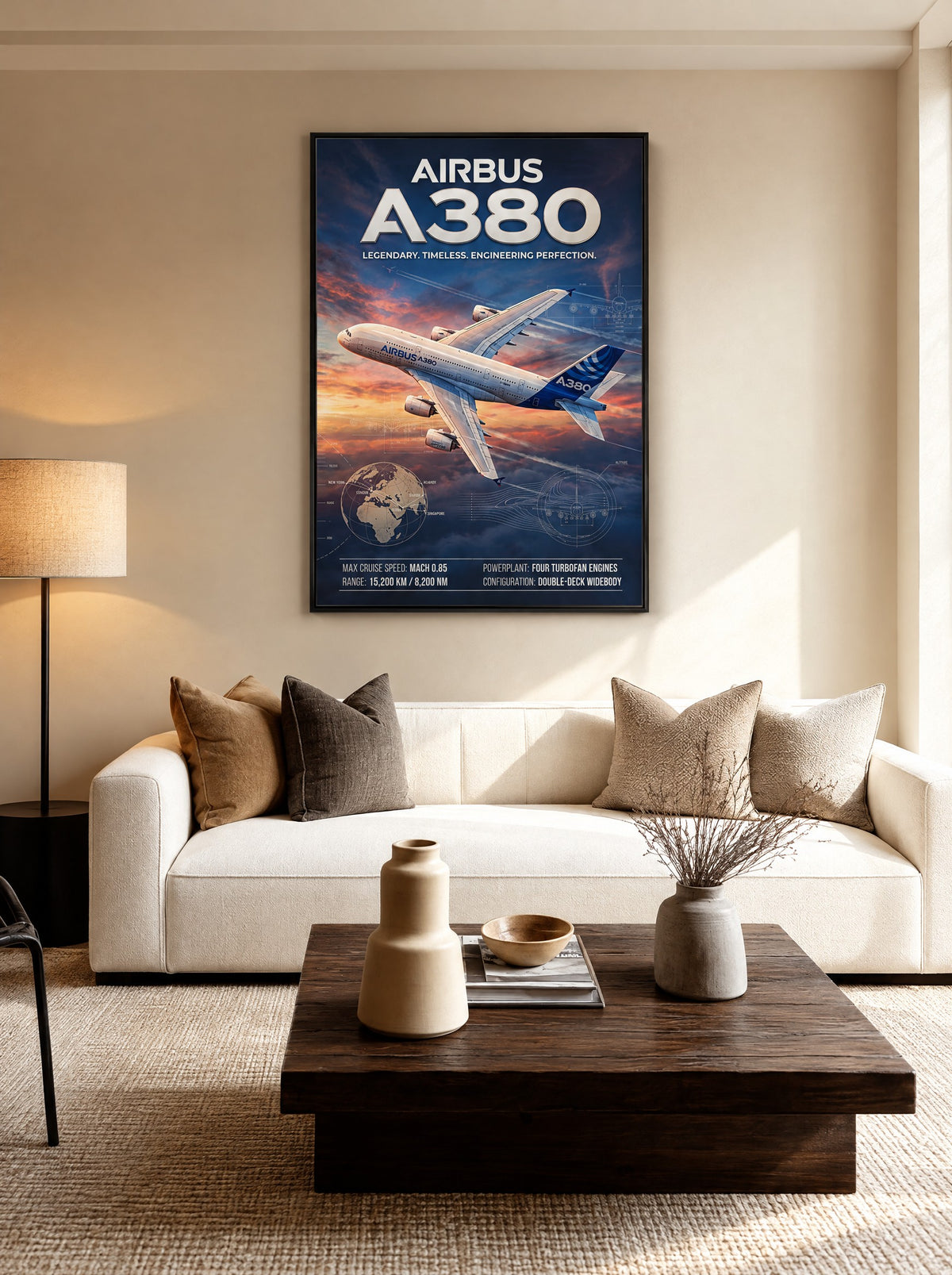 Airbus A380 met zwarte lijst aan de muur in de werkkamer