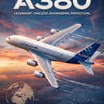 Staande poster van de Airbus A380 met titel, technische tekeningen en gegevens in blauw en oranje.