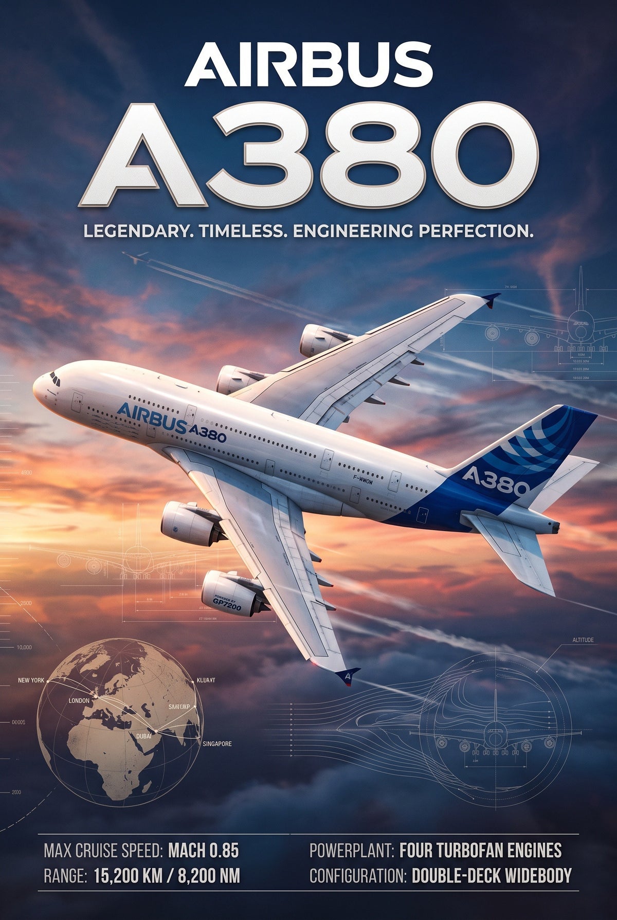 Staande poster van de Airbus A380 met titel, technische tekeningen en gegevens in blauw en oranje.