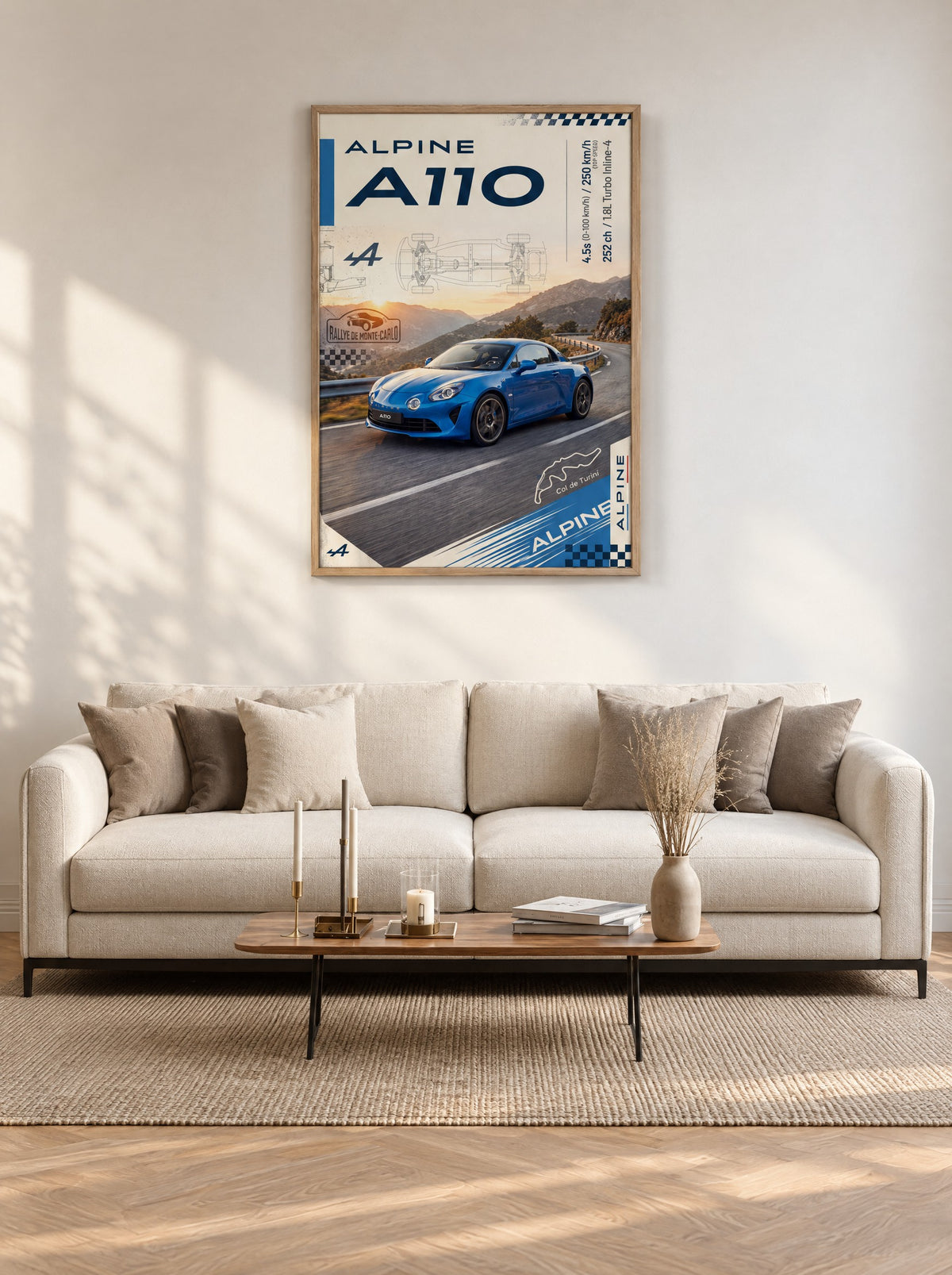Alpine A110 met natuur houten lijst aan de muur in de woonkamer