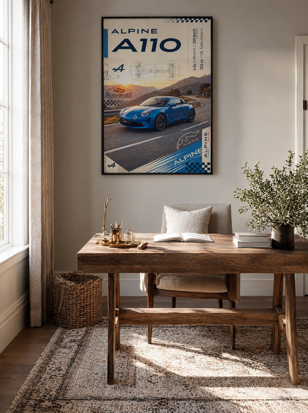 Alpine A110 met zwarte lijst aan de muur in de woonkamer