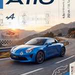 Staande poster van de Alpine A110 met titel, technische tekeningen en gegevens in blauw en beige.