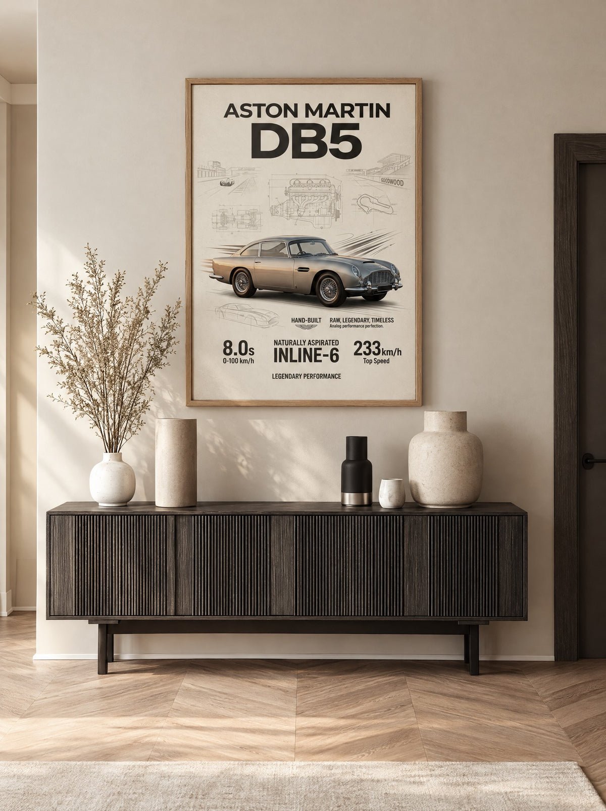 Aston Martin DB5 met natuur houten lijst aan de muur in de werkkamer