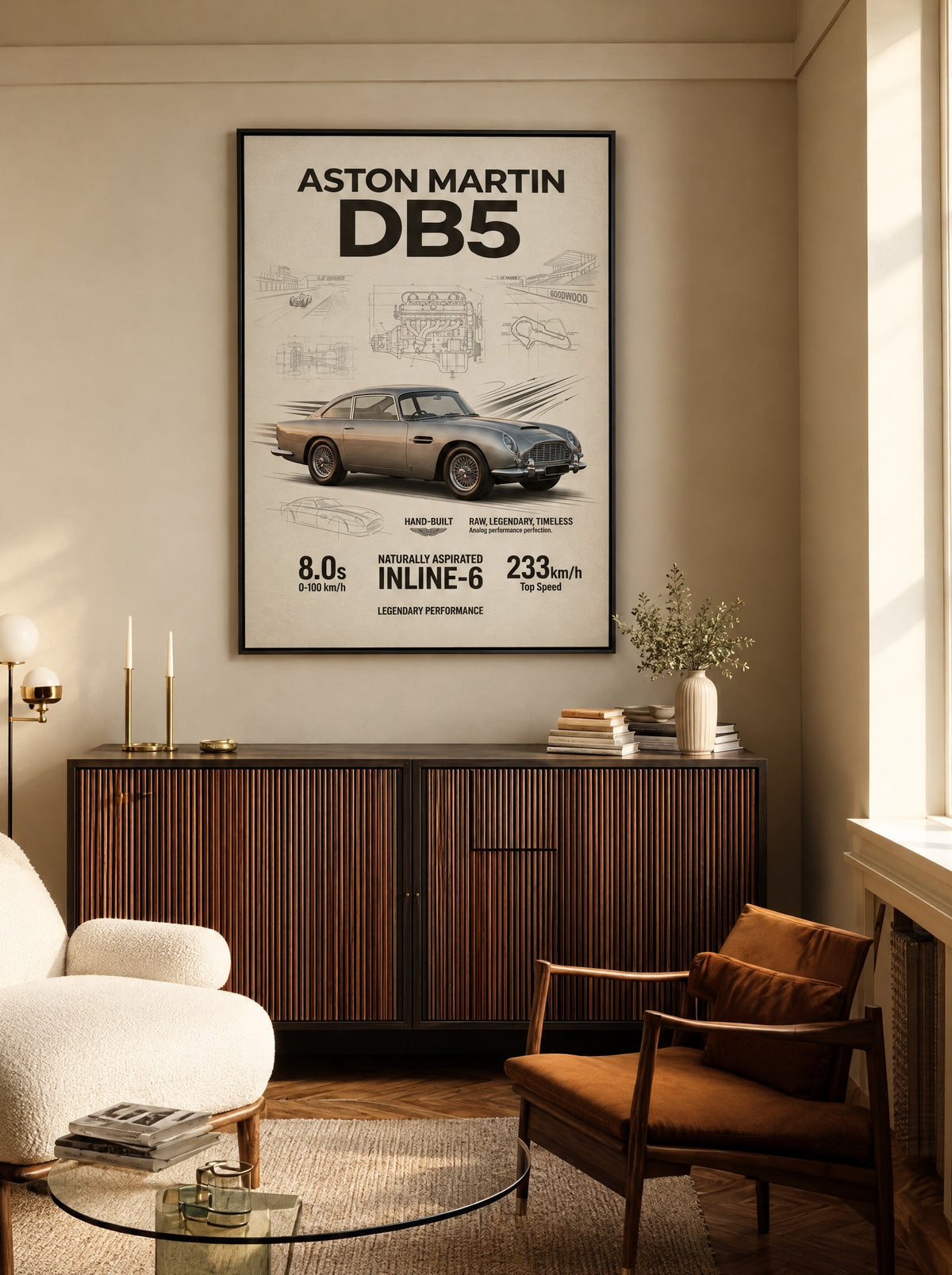 Aston Martin DB5 met zwarte lijst aan de muur in de werkkamer