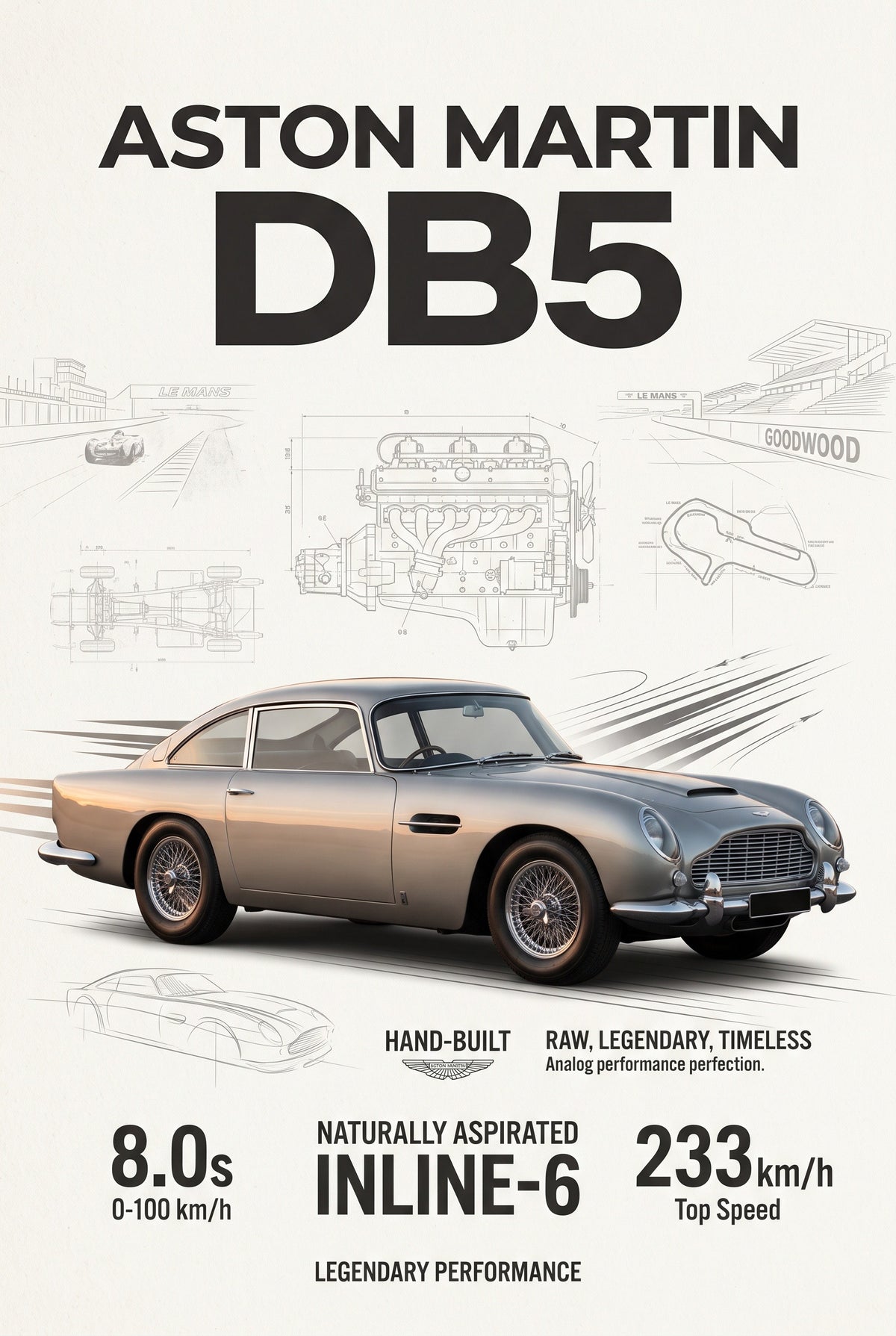 Staande poster van de Aston Martin DB5 met titel, technische tekeningen en gegevens in zilver en beige.