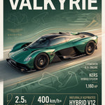 Staande poster van de Aston Martin Valkyrie met titel, technische tekeningen en gegevens in groen en goud.