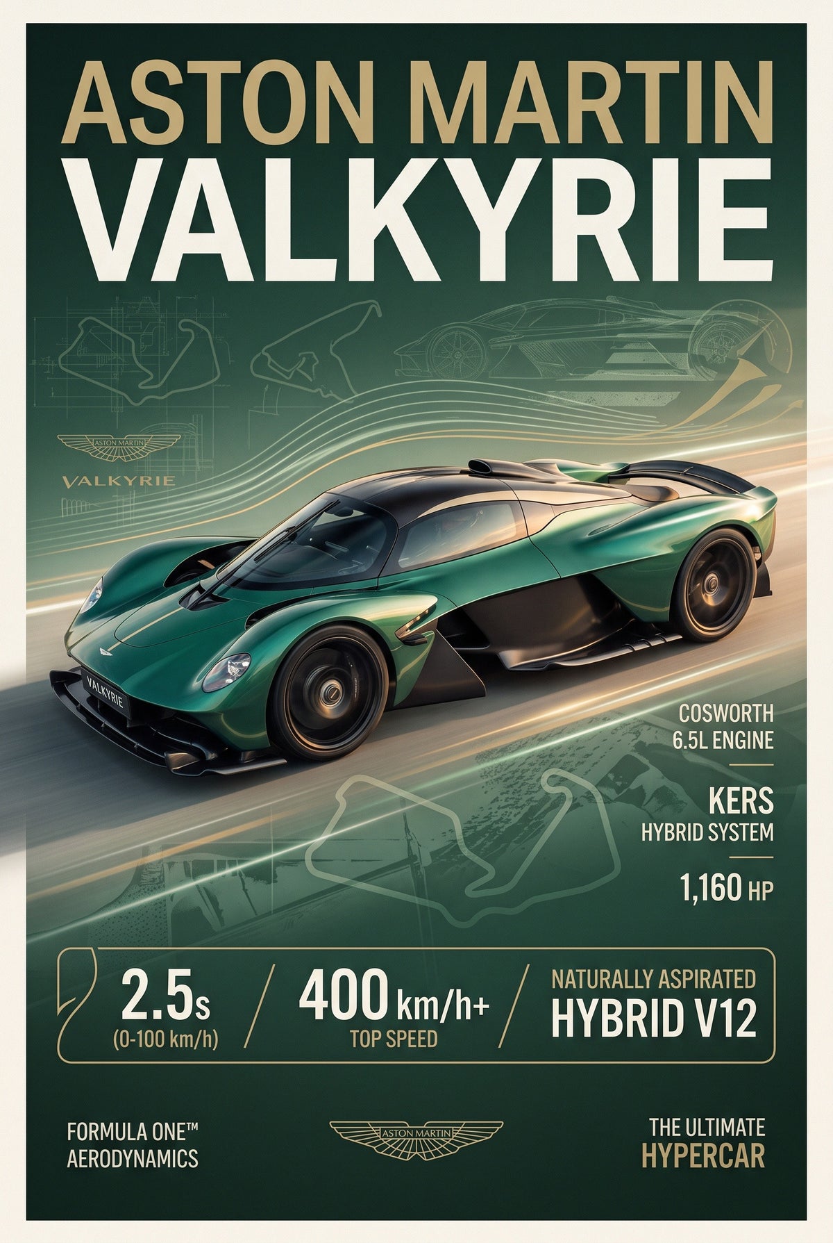 Staande poster van de Aston Martin Valkyrie met titel, technische tekeningen en gegevens in groen en goud.