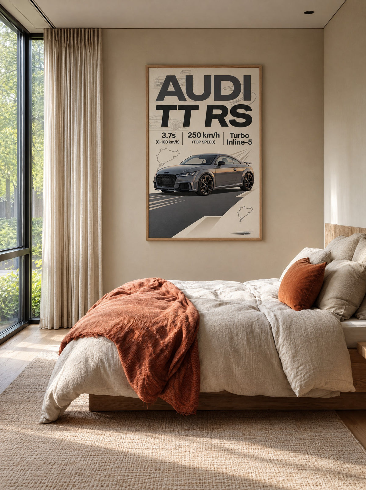 Audi TT RS met natuur houten lijst aan de muur in de werkkamer