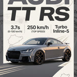 Staande poster van de Audi TT RS met titel, technische tekeningen en gegevens in zilver en beige.