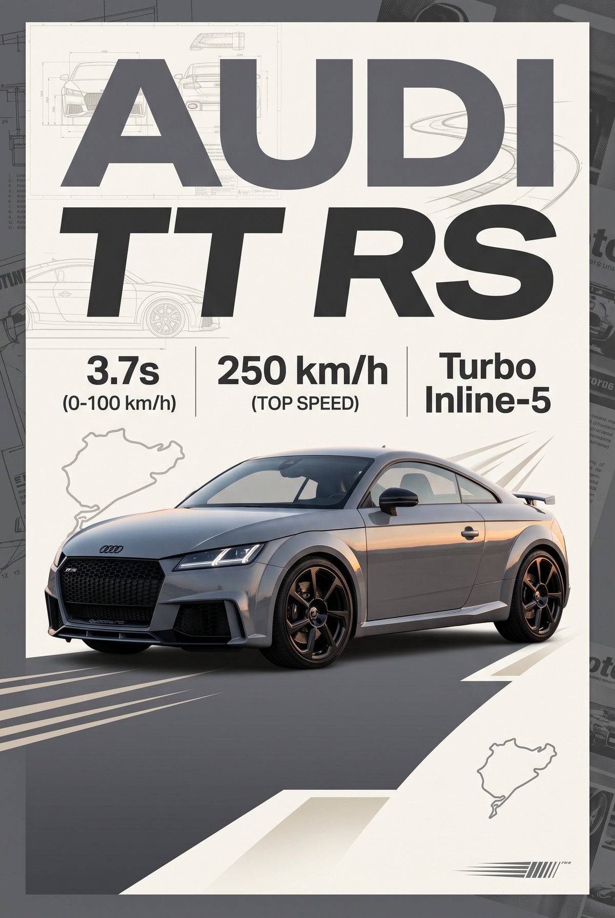Staande poster van de Audi TT RS met titel, technische tekeningen en gegevens in zilver en beige.