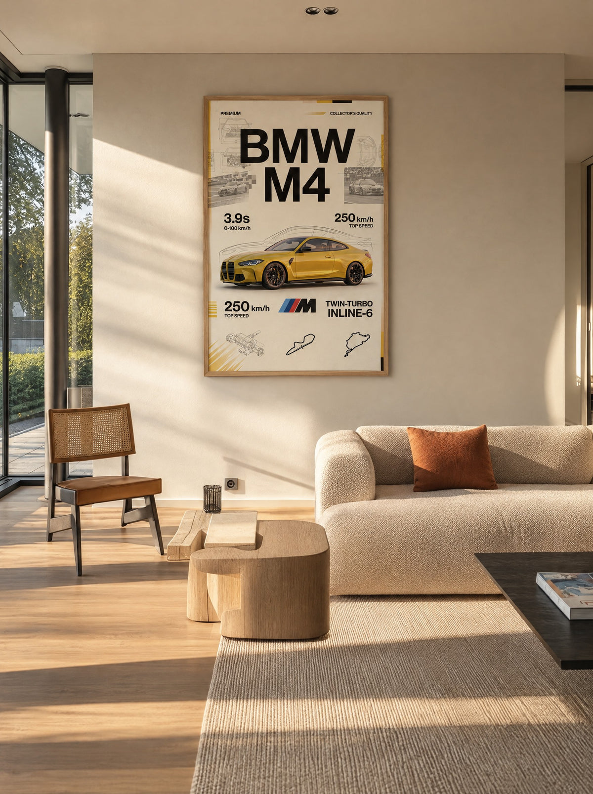 BMW M4 met natuur houten lijst aan de muur in de woonkamer