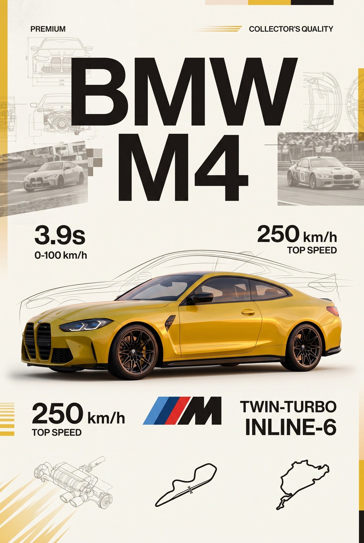Staande poster van de BMW M4 met titel, technische tekeningen en gegevens in geel en beige.