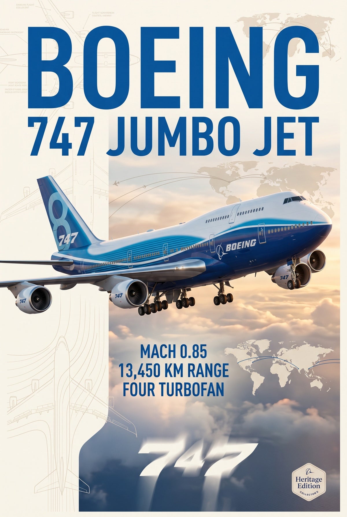 Staande poster van de Boeing 747 met titel, technische tekeningen en gegevens in blauw en beige.