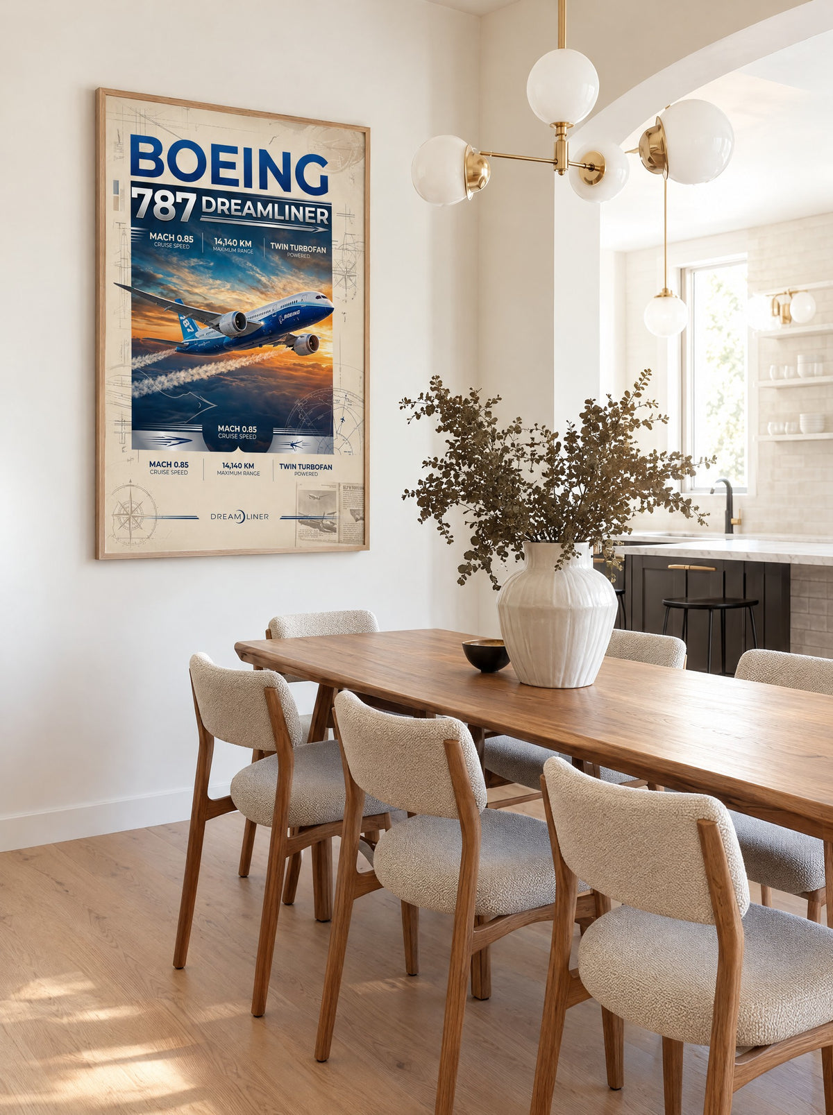 Boeing 787 Dreamliner met natuur houten lijst aan de muur in de werkkamer