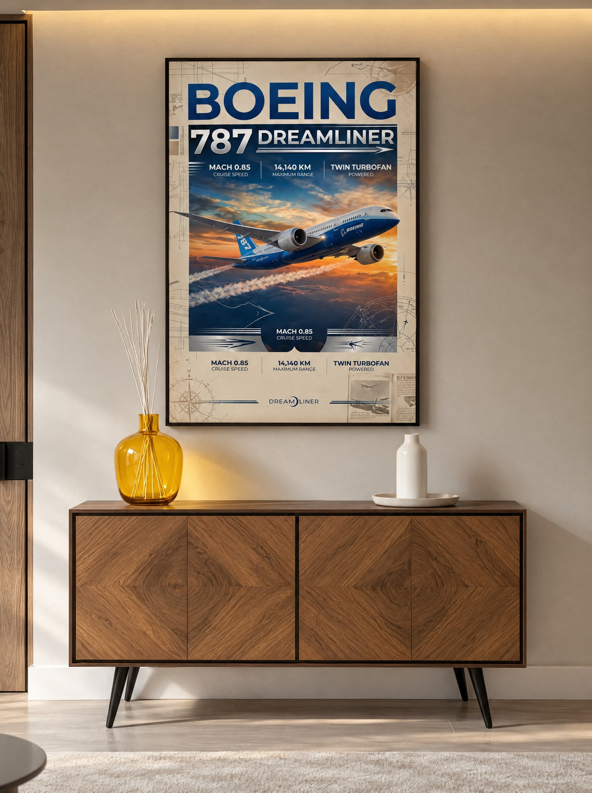 Boeing 787 Dreamliner met zwarte lijst aan de muur in de werkkamer