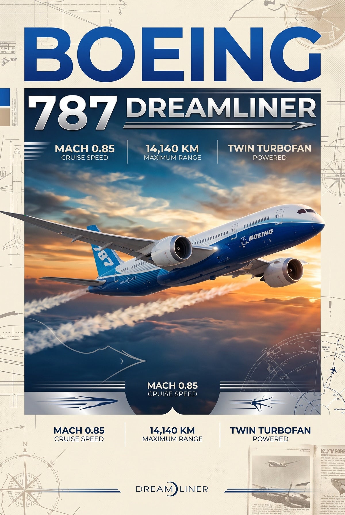 Staande poster van de Boeing 787 Dreamliner met titel, technische tekeningen en gegevens in blauw en oranje.