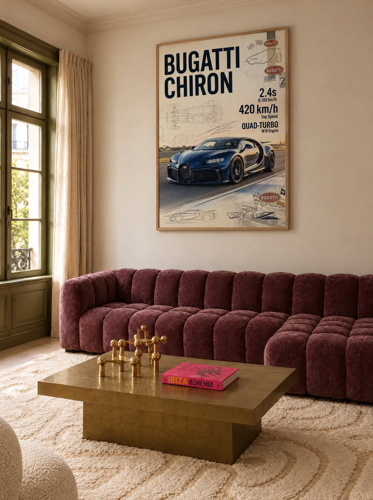 Bugatti Chiron met natuur houten lijst aan de muur in de woonkamer
