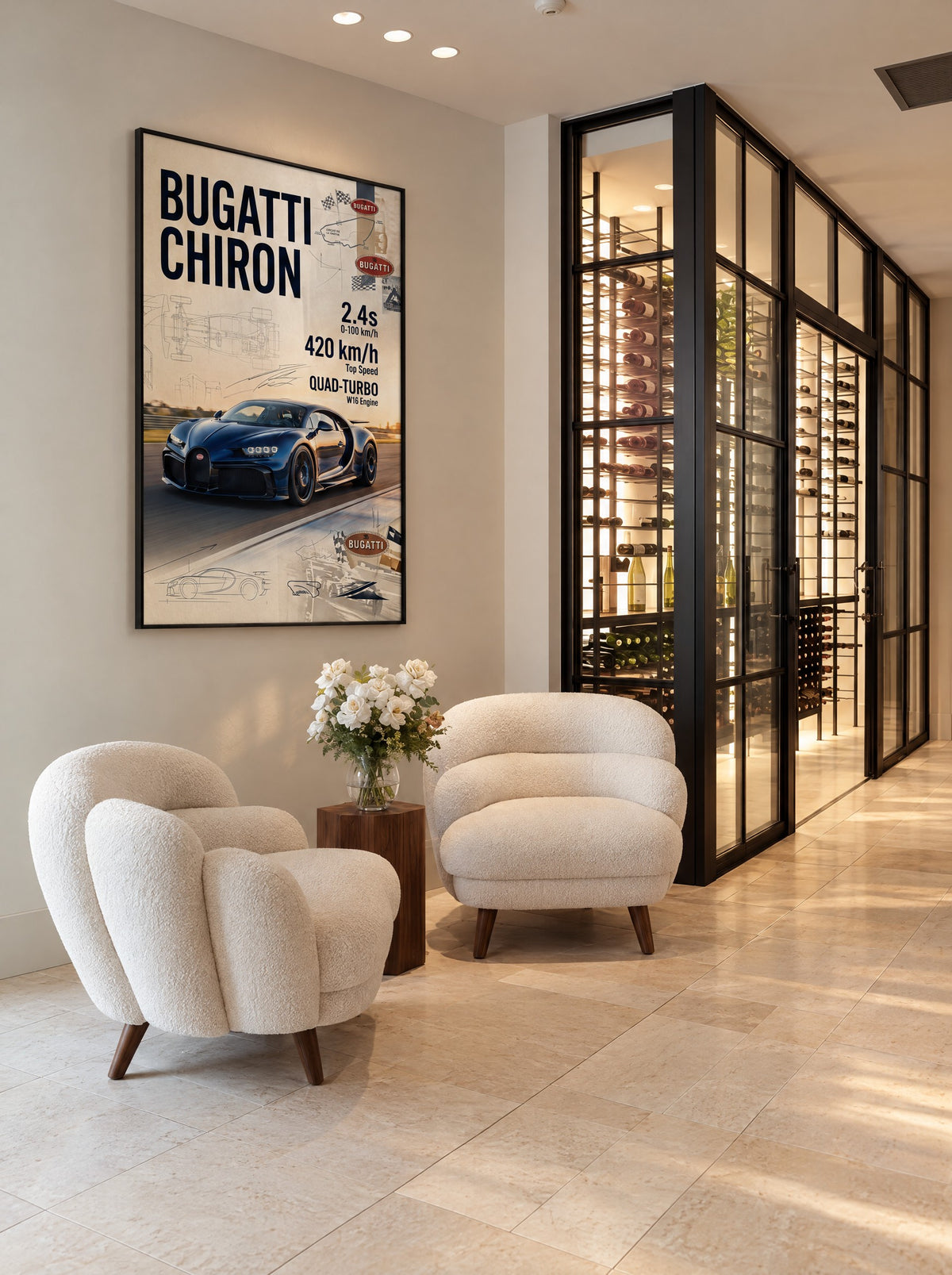 Bugatti Chiron met zwarte lijst aan de muur in de woonkamer