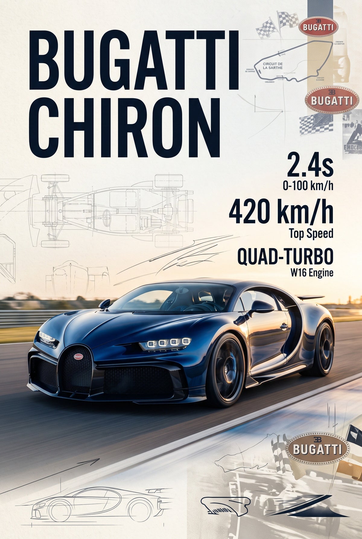 Staande poster van de Bugatti Chiron met titel, technische tekeningen en gegevens in blauw en beige.