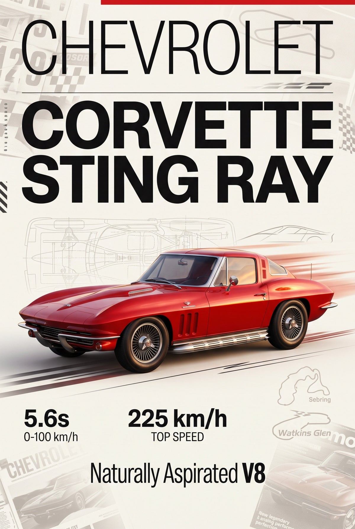 Staande poster van de Chevrolet Corvette C2 Sting Ray met titel, technische tekeningen en gegevens in rood en beige.
