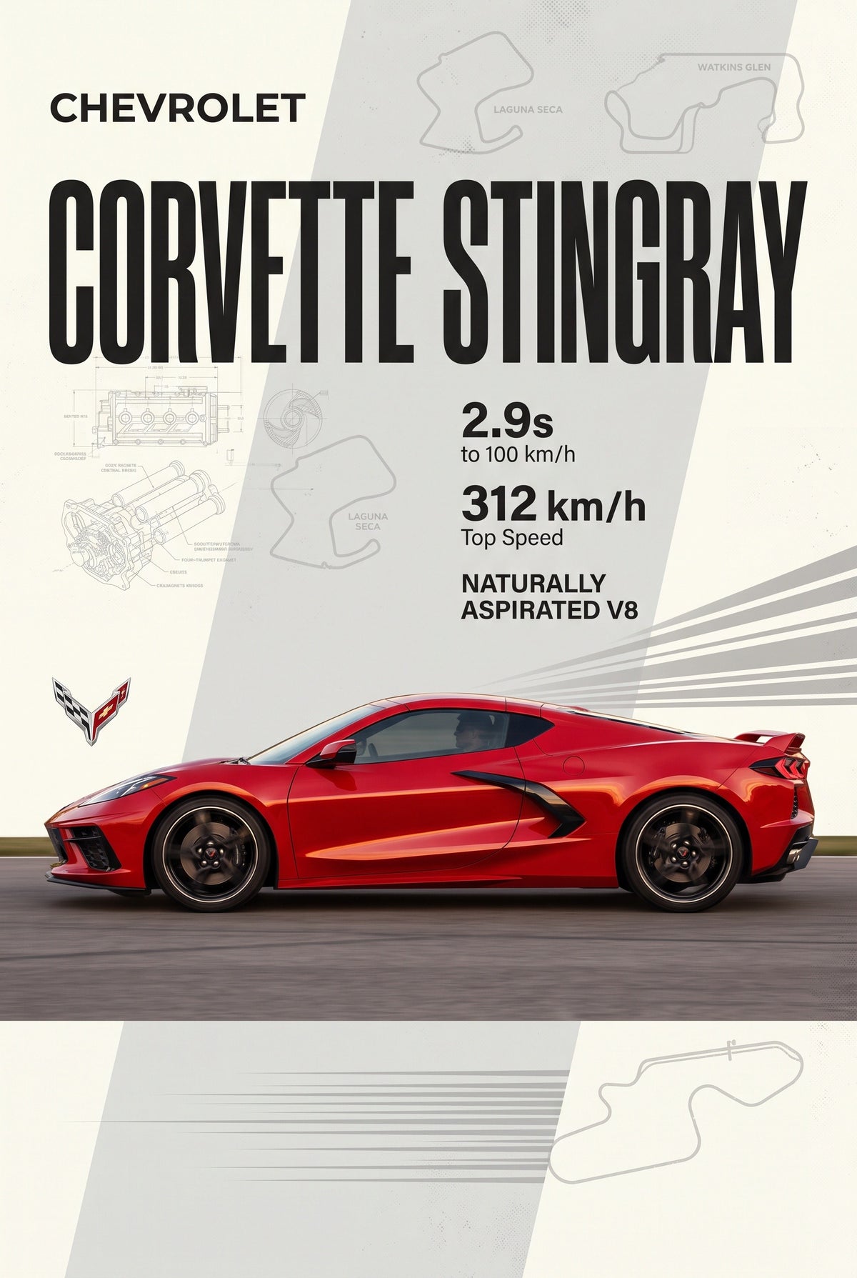 Staande poster van de Chevrolet Corvette Stingray met titel, technische tekeningen en gegevens in rood en wit.