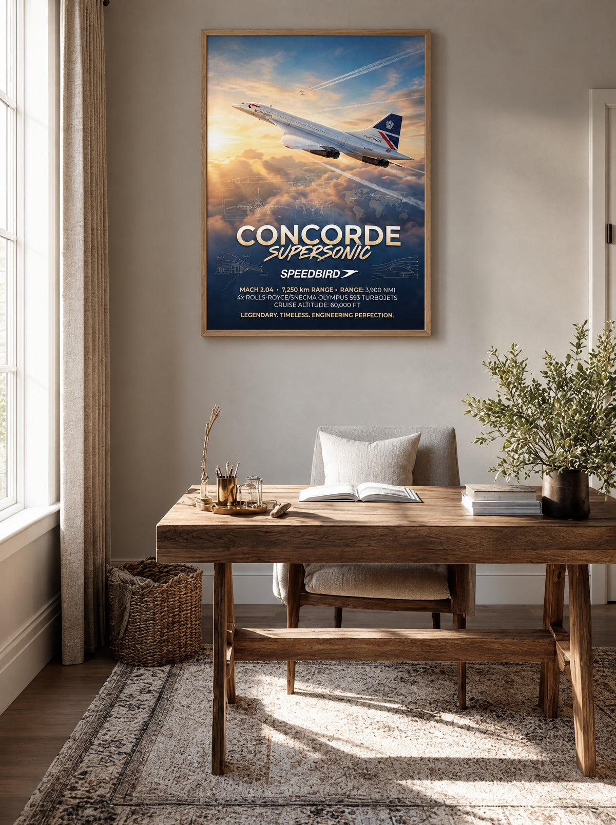 Concorde met natuur houten lijst aan de muur in de woonkamer