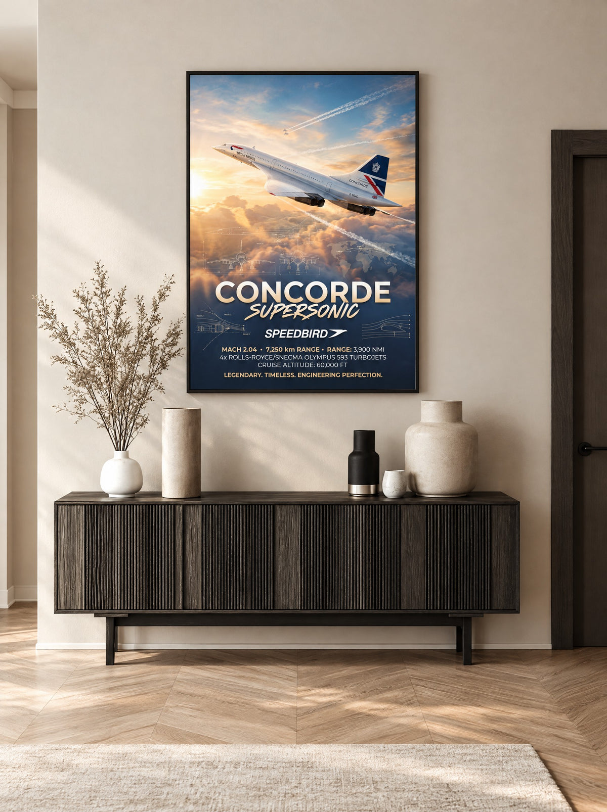 Concorde met zwarte lijst aan de muur in de woonkamer