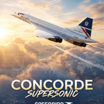 Staande poster van de Concorde met titel, technische tekeningen en gegevens in blauw en oranje.