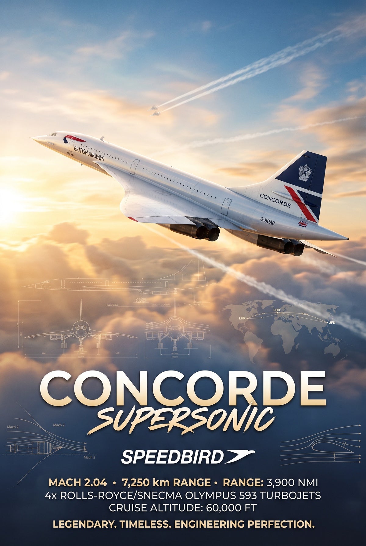 Staande poster van de Concorde met titel, technische tekeningen en gegevens in blauw en oranje.