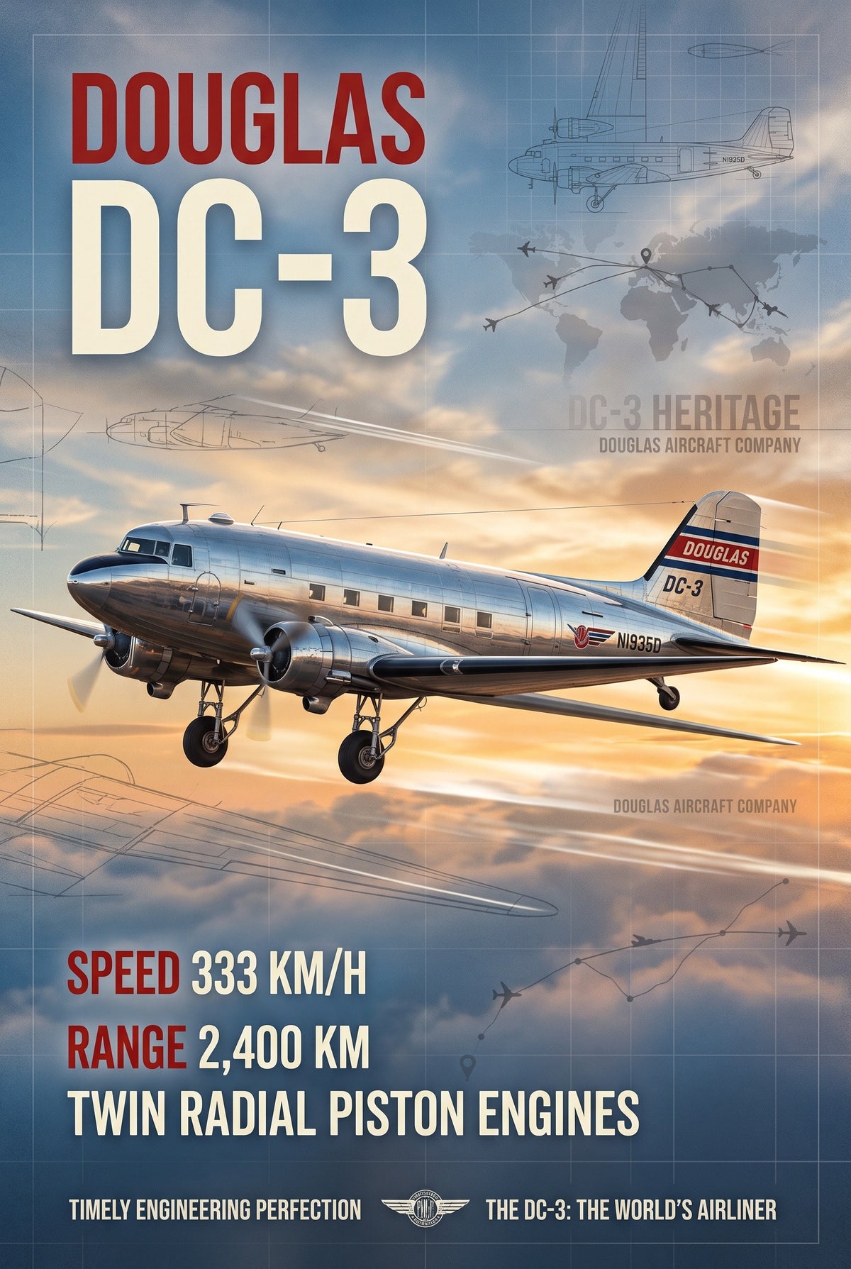Staande poster van de Douglas DC-3 met titel, technische tekeningen en gegevens in zilver en blauw.