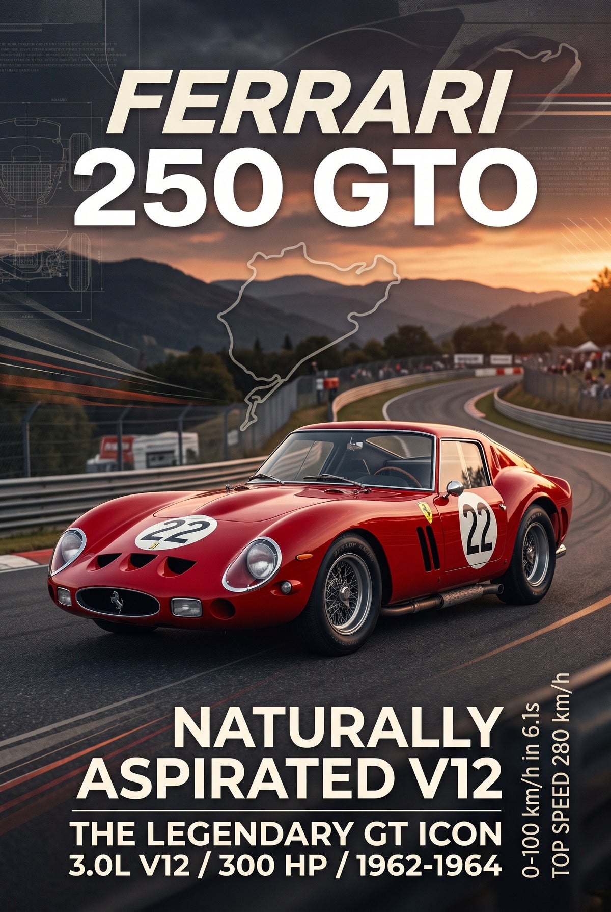 Staande poster van de Ferrari 250 GTO met titel, technische tekeningen en gegevens in rood en bruin.
