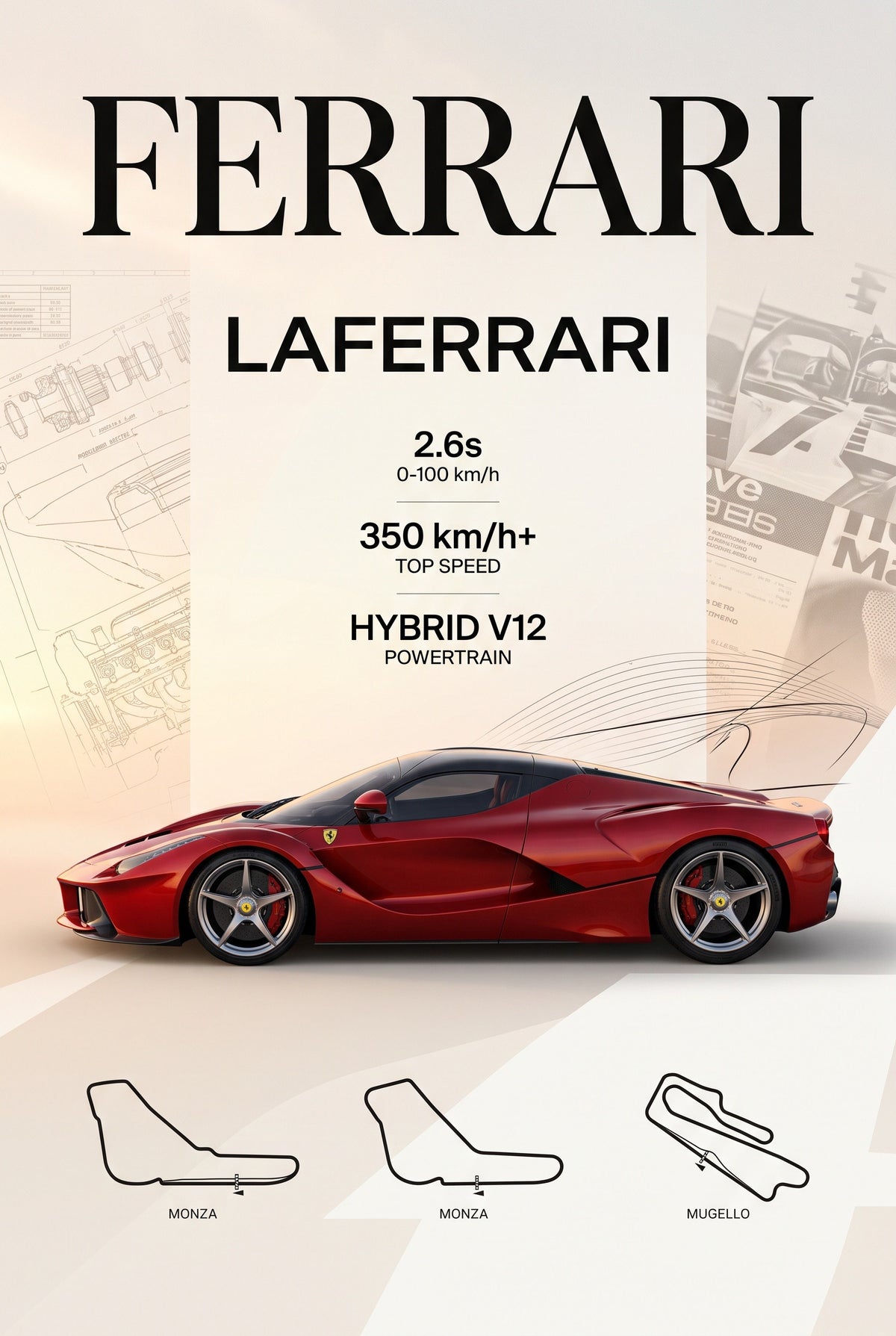 Poster met rode Ferrari LaFerrari in zijaanzicht op een crèmekleurige poster met techniektekeningen en circuitcontouren