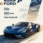 Poster met blauwe Ford GT in schuin vooraanzicht op een poster met GT-logo, blauwdrukken en oude racefoto's
