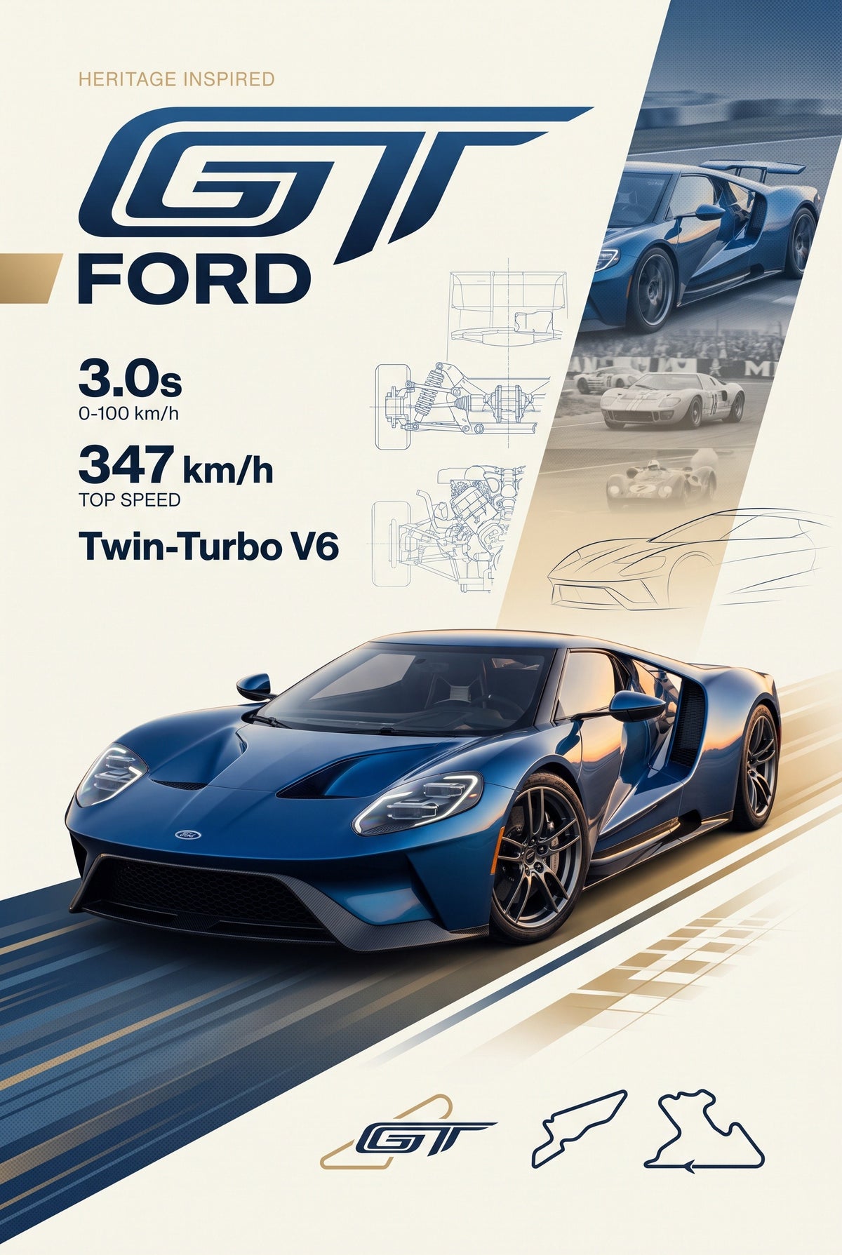 Poster met blauwe Ford GT in schuin vooraanzicht op een poster met GT-logo, blauwdrukken en oude racefoto's