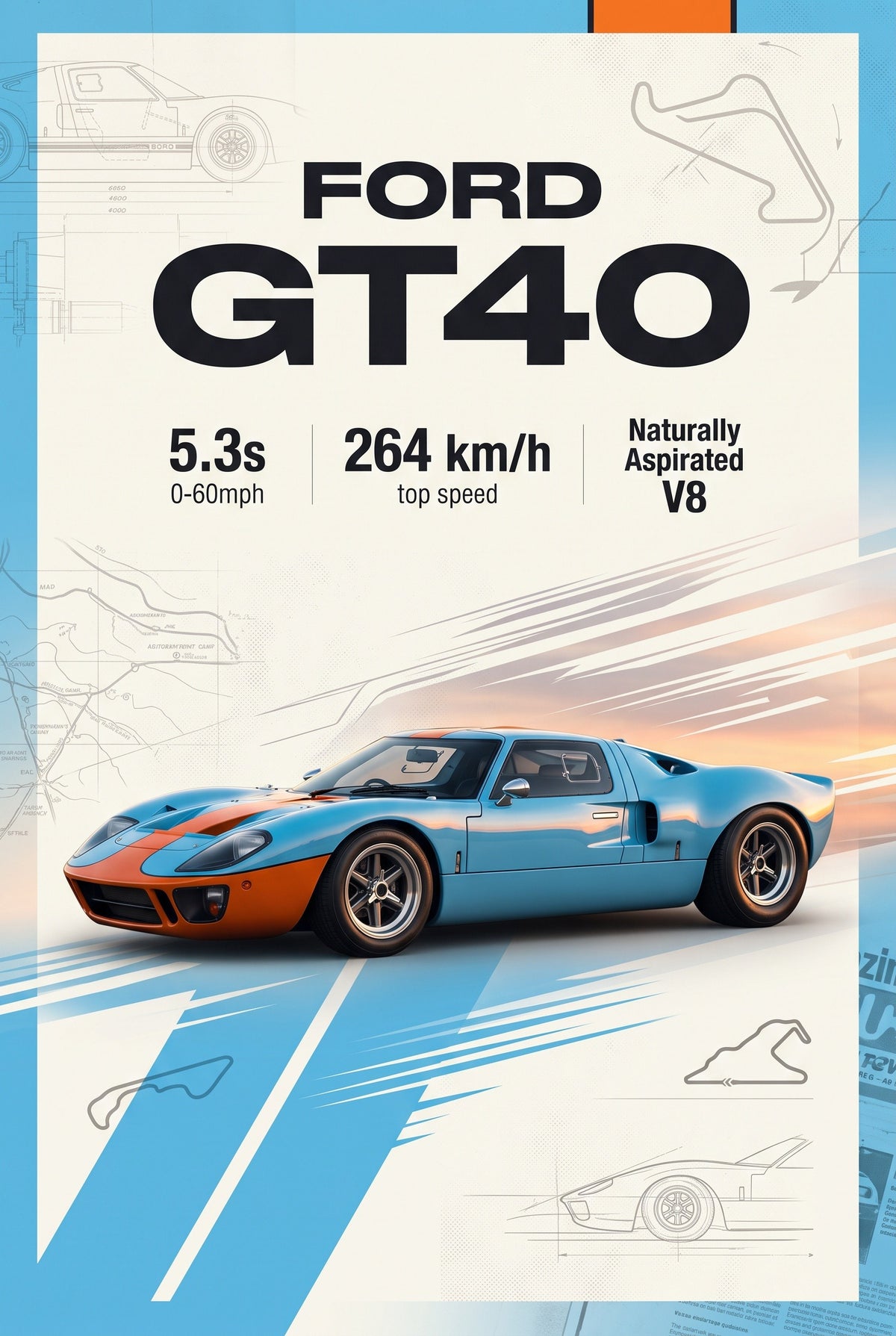 Poster met lichtblauwe Ford GT40 met oranje strepen op een crèmekleurige poster met blauwe rand