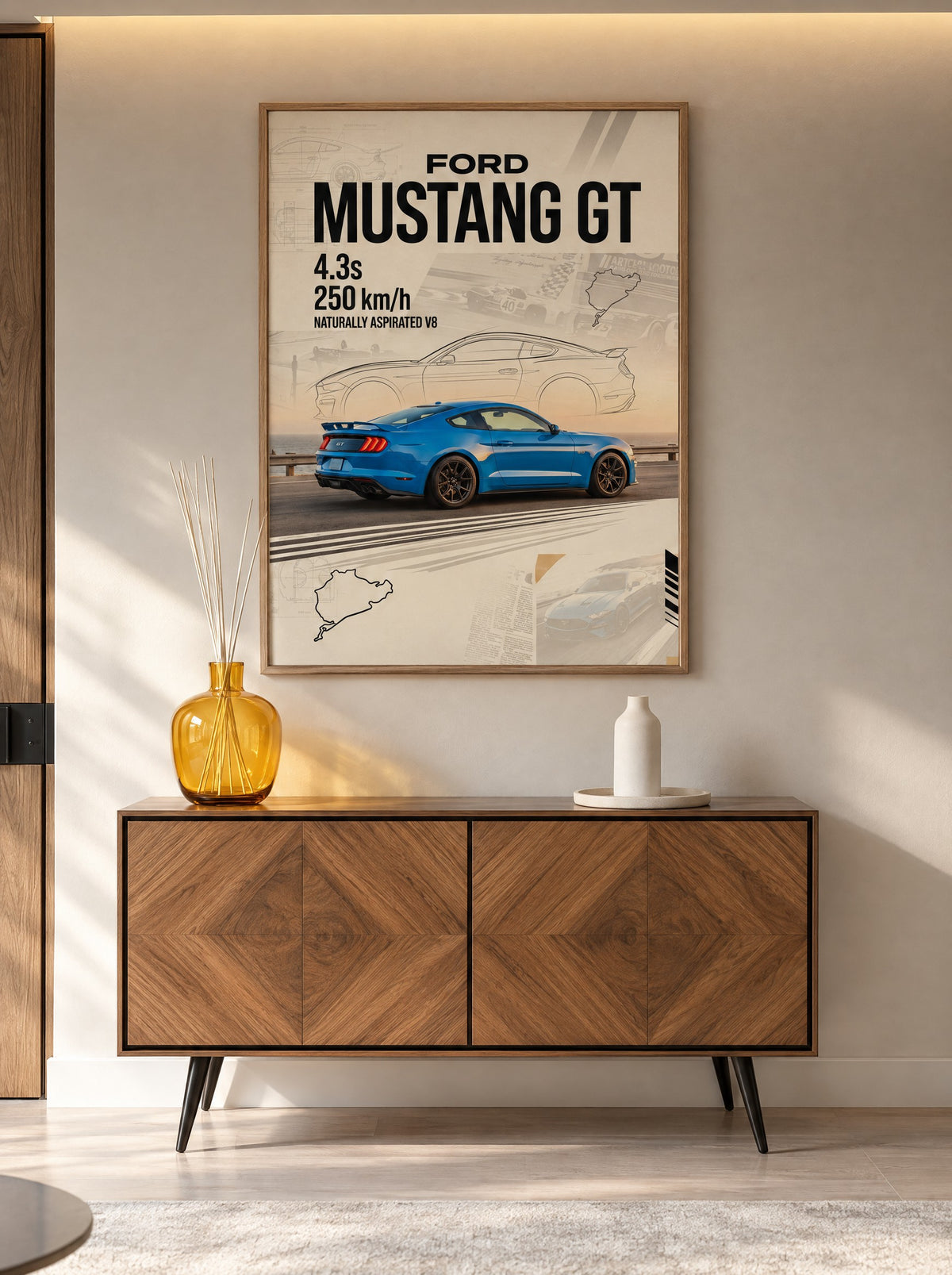Ford Mustang GT met natuur houten lijst aan de muur in de slaapkamer