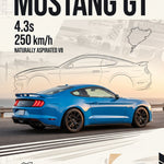 Poster met blauwe Ford Mustang GT bij zonsondergang op een kustweg, op een poster met schetsen