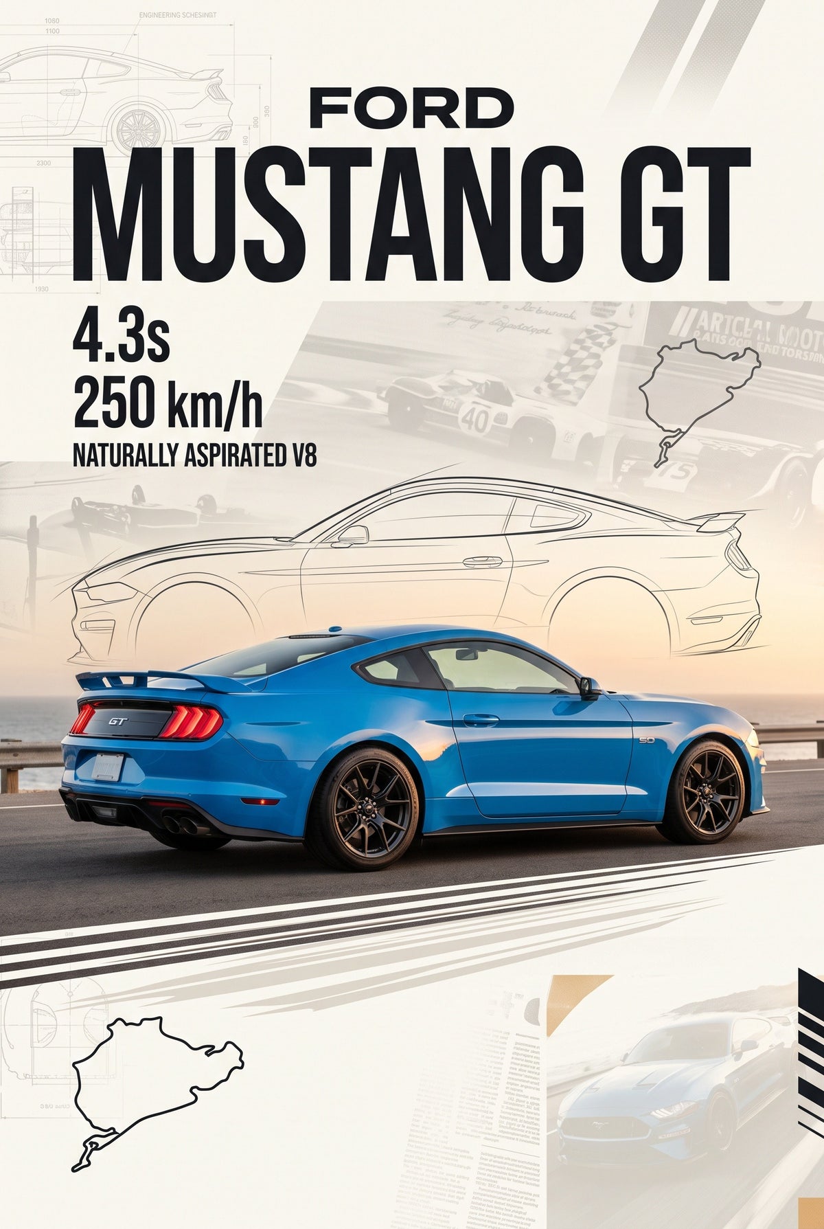 Poster met blauwe Ford Mustang GT bij zonsondergang op een kustweg, op een poster met schetsen