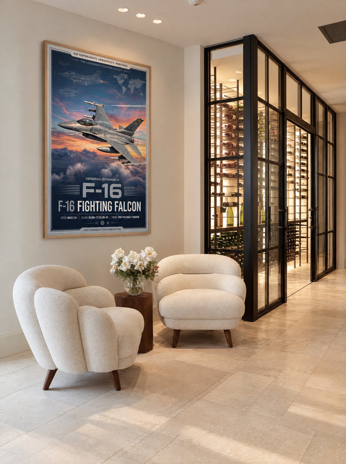 General Dynamics F-16 Fighting Falcon met natuur houten lijst aan de muur in de woonkamer