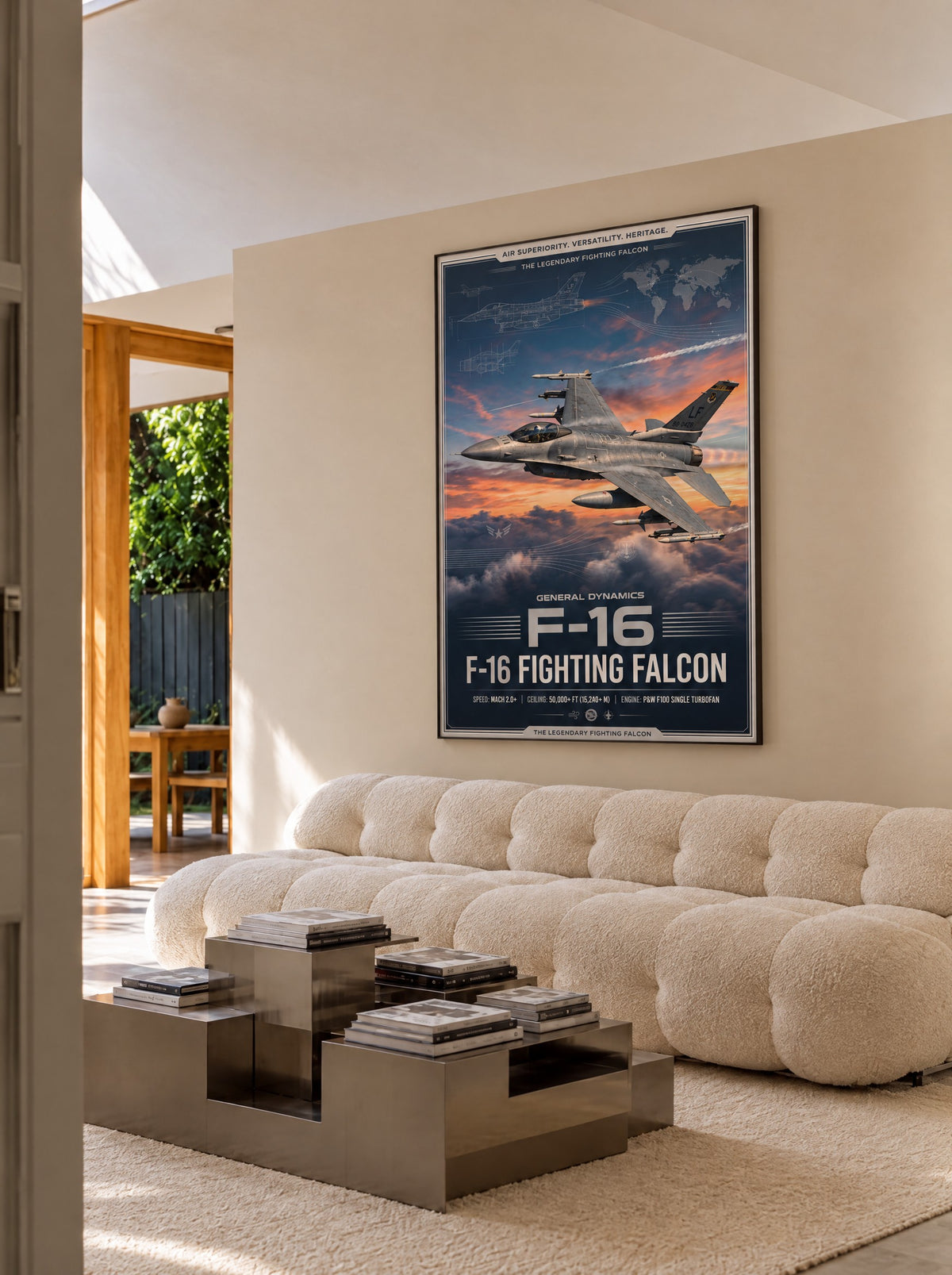 General Dynamics F-16 Fighting Falcon met zwarte lijst aan de muur in de werkkamer