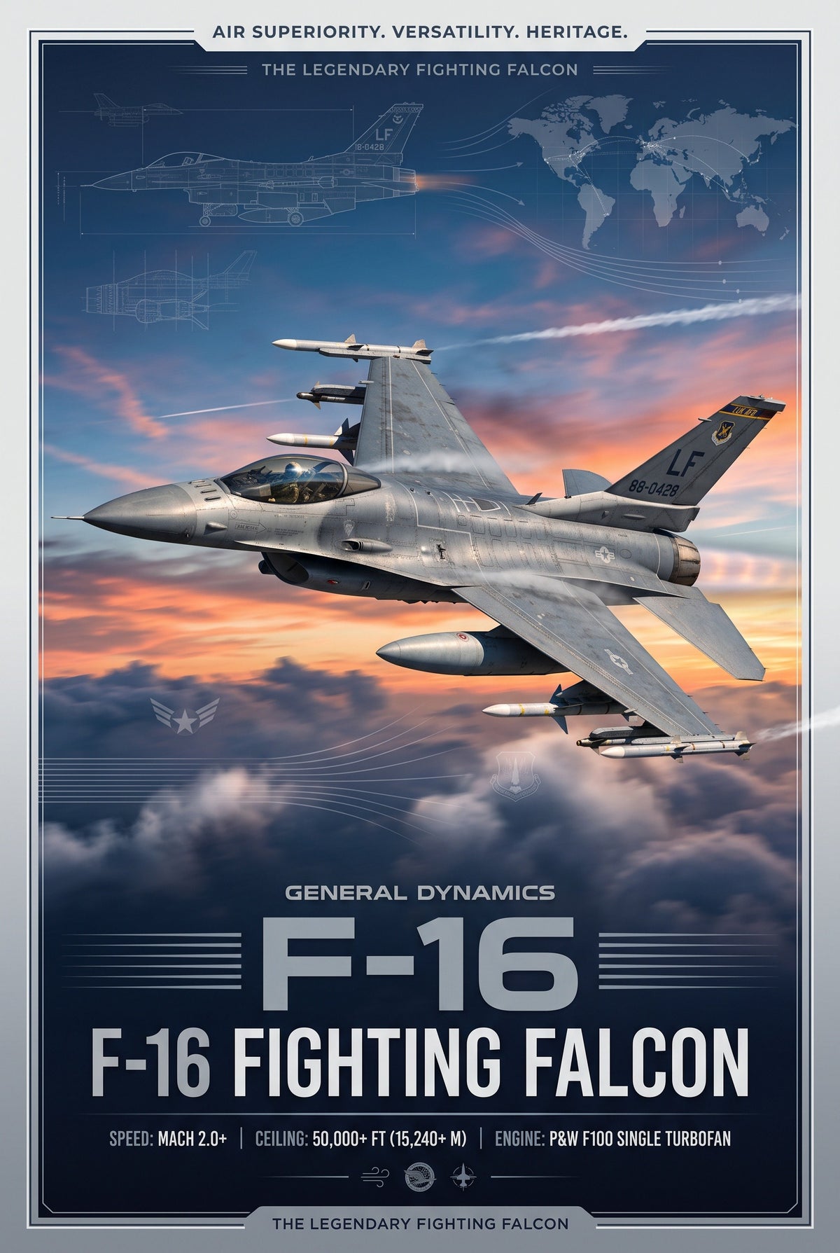 Poster met F-16 Fighting Falcon in vlucht boven wolken bij zonsondergang op een donkerblauwe poster